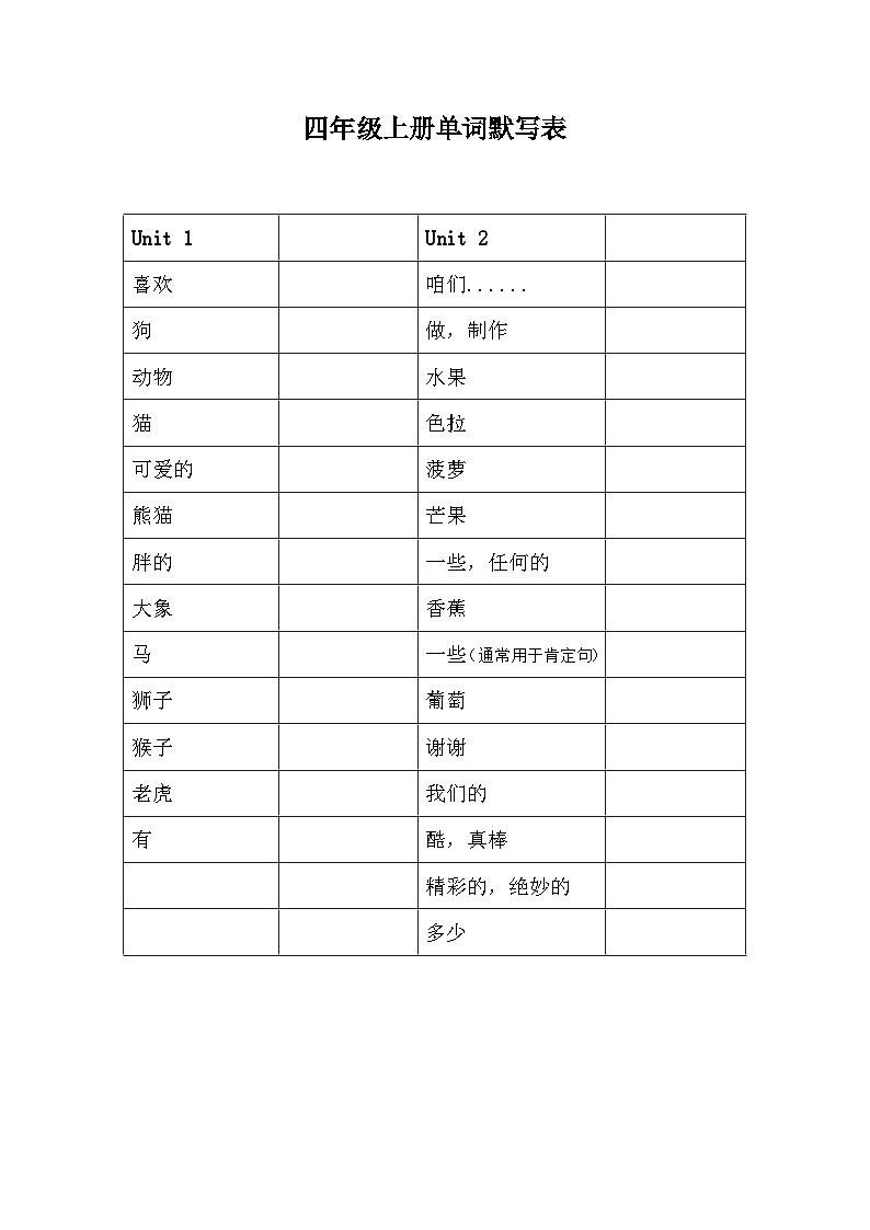 译林版英语四年级上册Unit1-8单词默写练习（无答案）第1页
