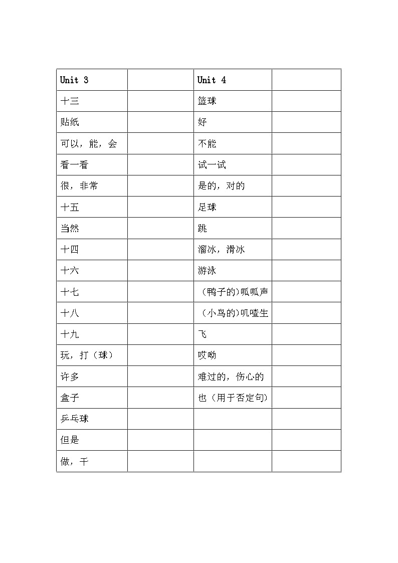 译林版英语四年级上册Unit1-8单词默写练习（无答案）第2页