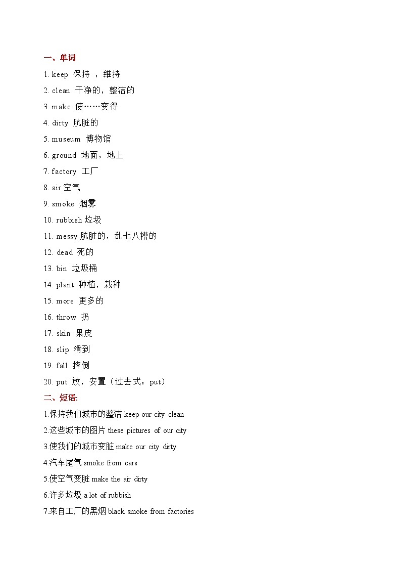 译林版英语六年级上册Unit 6 Keep our city clean(知识清单)（教师版）（含答案）第2页