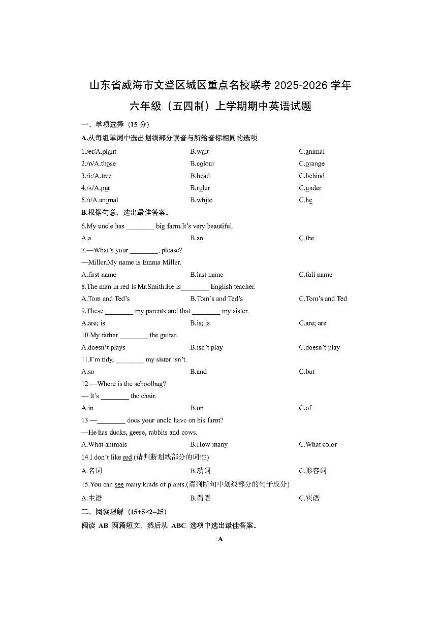 山东省威海市文登区城区重点名校联考2025-2026学年六年级（五四制）上学期期中英语试卷（学生版）第1页