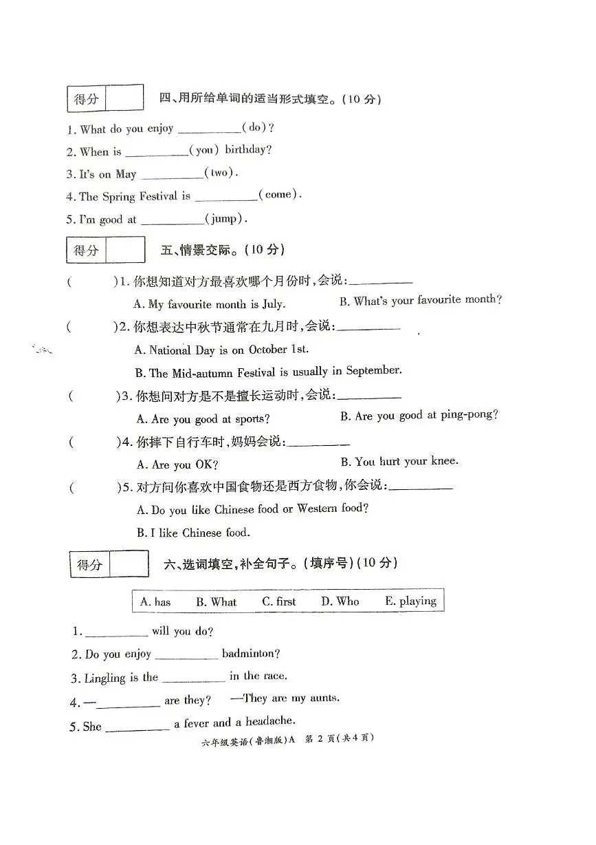 河南省许昌市鄢陵县2024-2025学年六年级上学期期末英语试题第2页