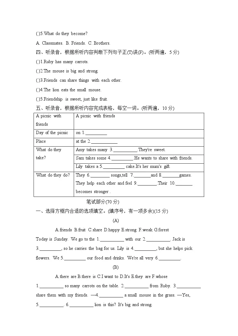 2025-2026学年译林版英语四年级下册 Unit 1 We're friends 素养能力提升测试第2页