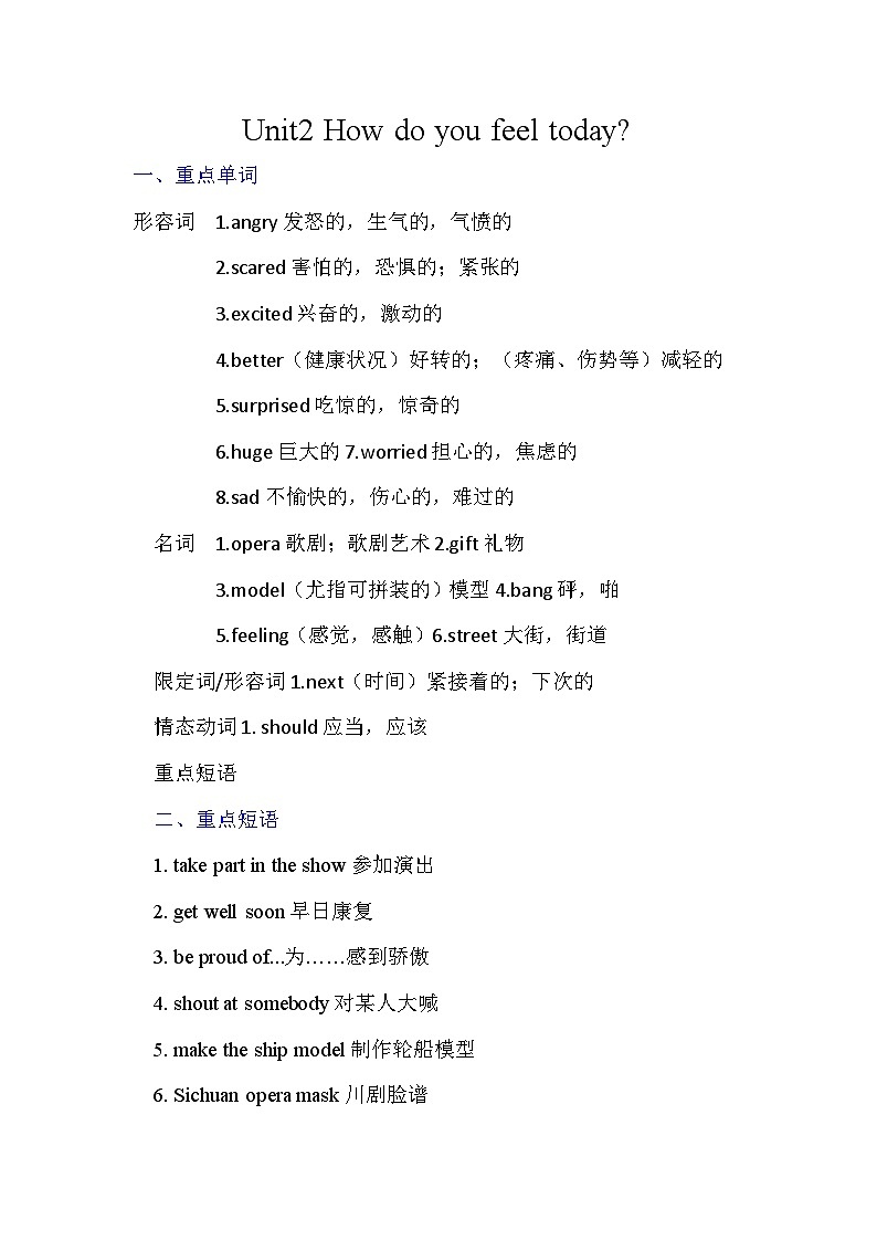 外研版小学英语四年级下册 Unit2 How do you feel today知识点第1页