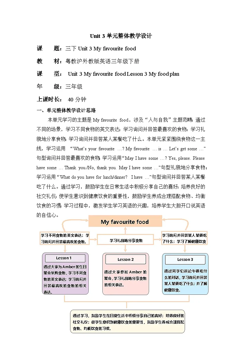 Unit 3 My favourite food Lesson 3 My food plan 单元教学设计粤教沪外教版英语三年级下册第1页