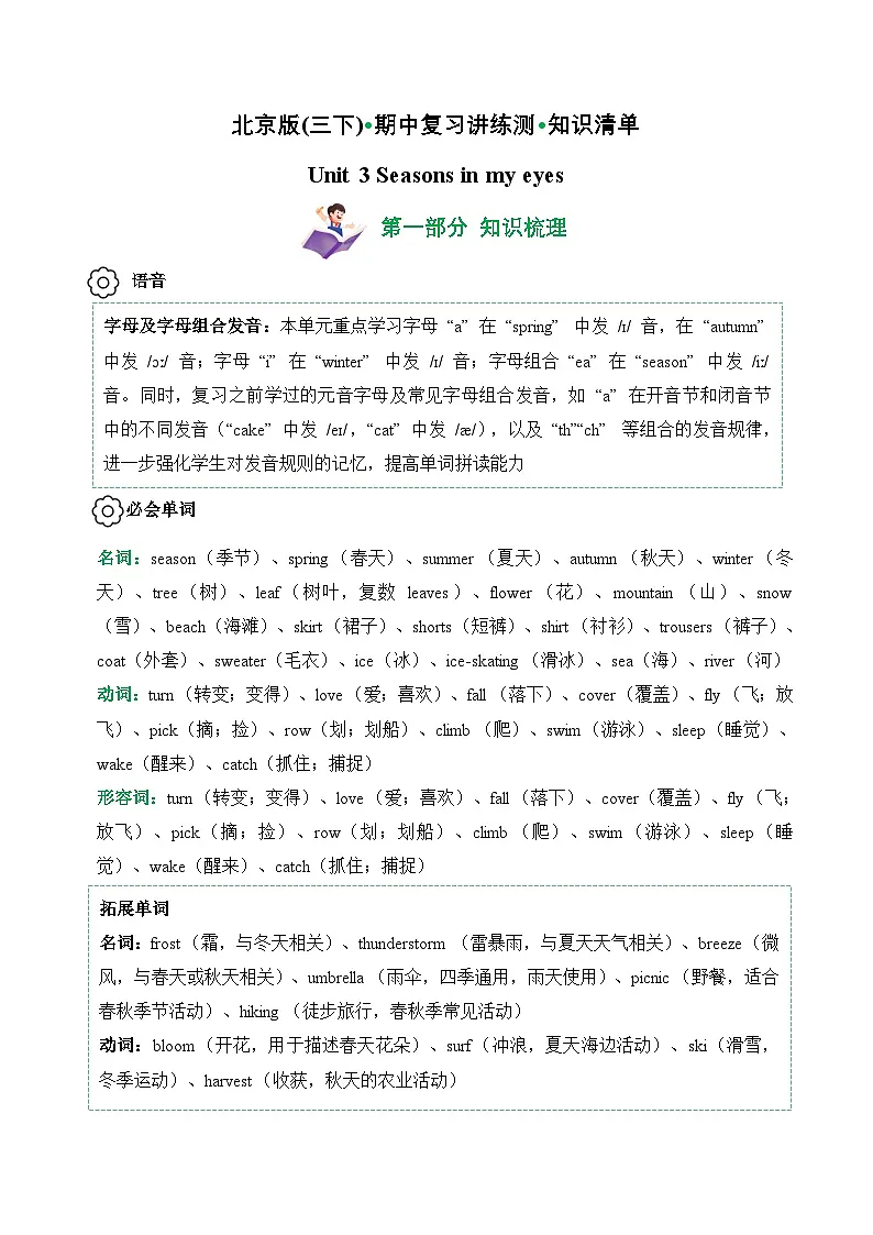 Unit 3 (知识清单)--2024-2025学年三年级英语下学期期中复习讲练测(北京版·2024)（含答案与解析）第1页