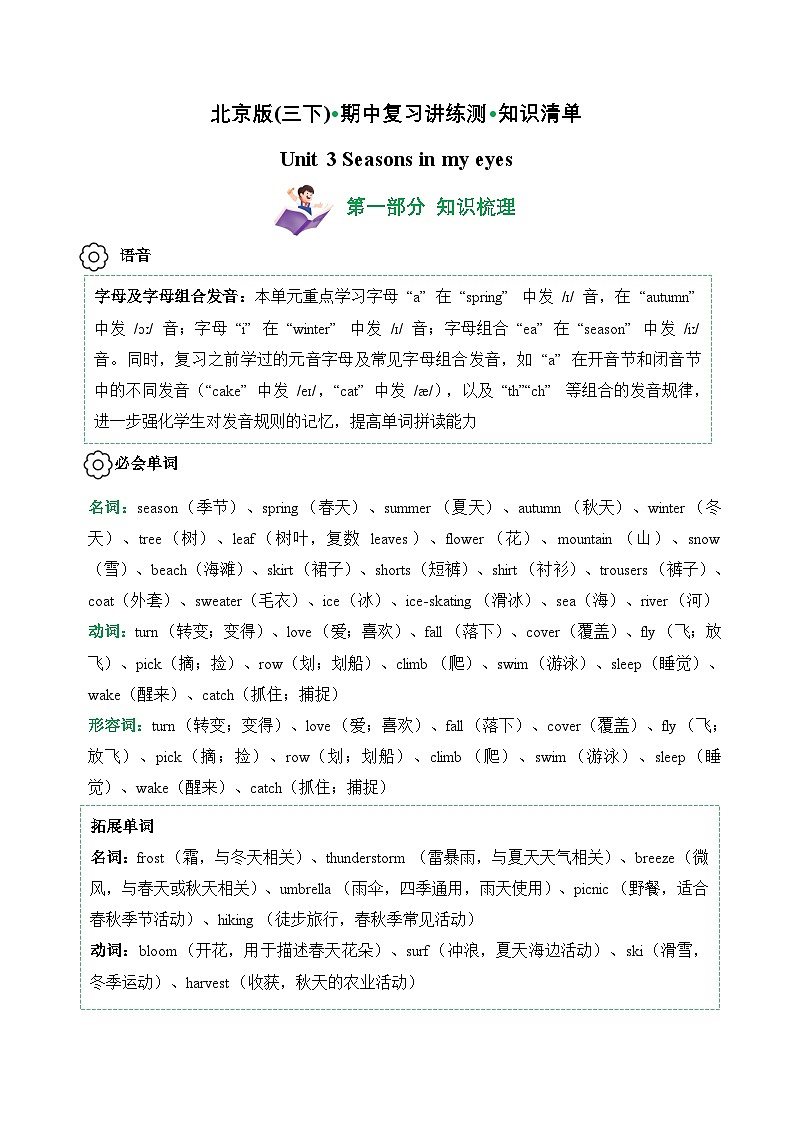 Unit 3 (知识清单)--2024-2025学年三年级英语下学期期中复习讲练测(北京版·2024)（含答案与解析）第1页