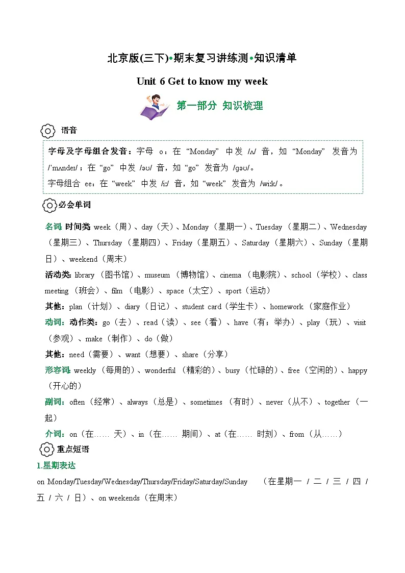 Unit 6 (知识清单)--2024-2025学年三年级英语下学期期末复习讲练测(北京版·2024)（含答案与解析）第1页