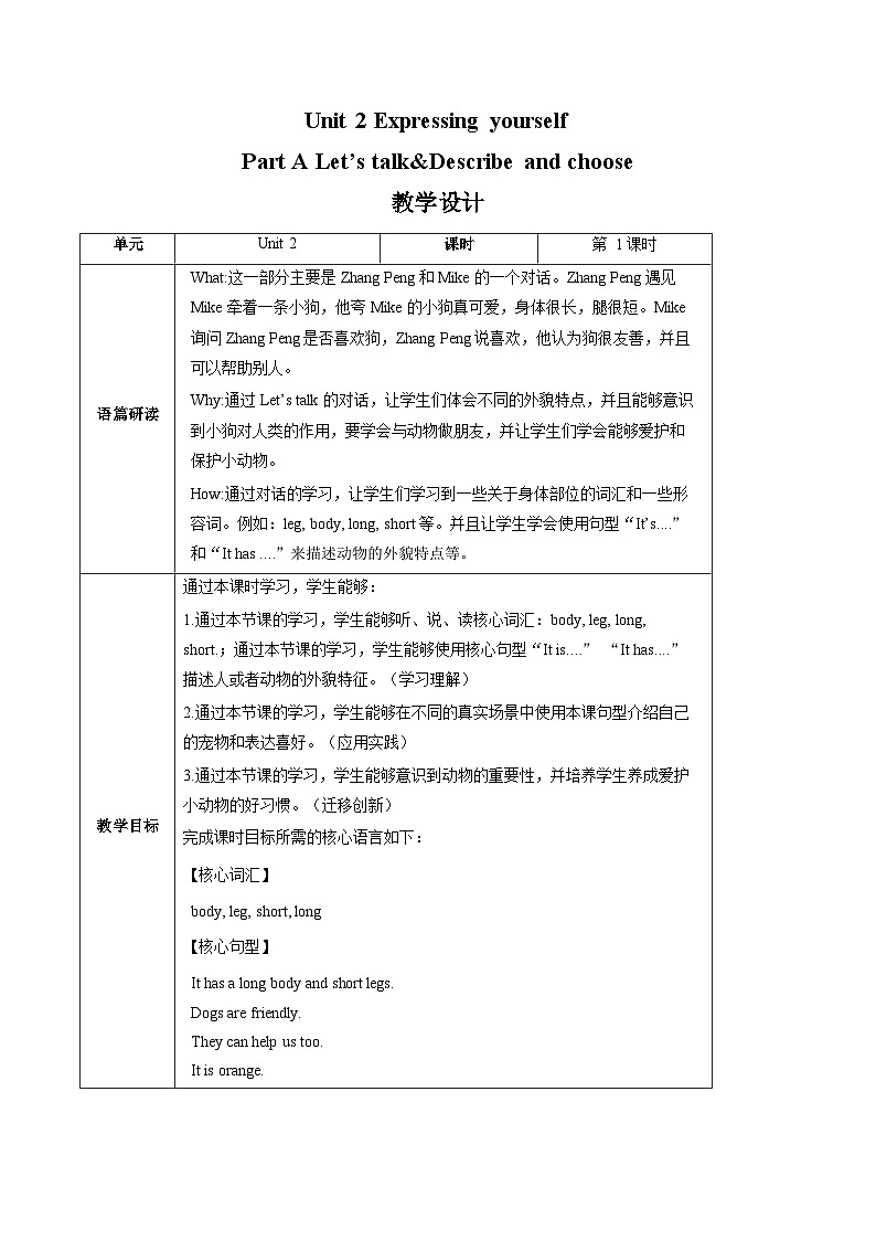 Unit 2 Expressing yourself Part A （教学设计）-2024-2025学年英语三年级下册同步教学资源（人教PEP版·2024）第1页