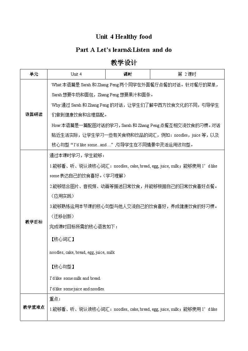 Unit 4 Healthy food Part A （教学设计）-2024-2025学年英语三年级下册同步教学资源（人教PEP版）第1页
