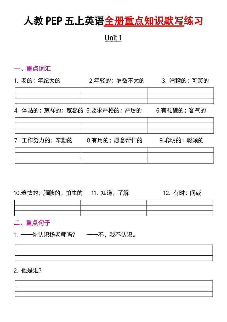 人教版五年级上册英语期末全册重点知识默写练习第1页