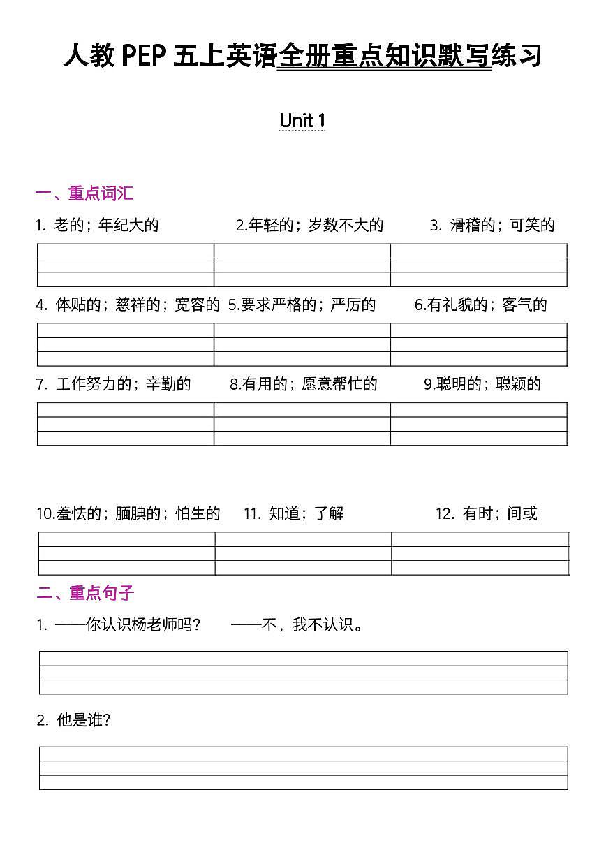 人教版五年级（上）英语全册重点知识默写练习含答案第1页