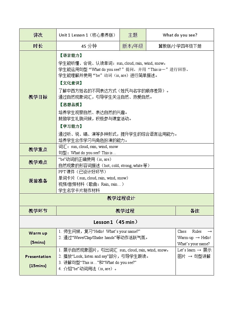 【教案】冀教版（三起）小学英语四年级下册Unit 1 Lesson 1 What do you see第1页