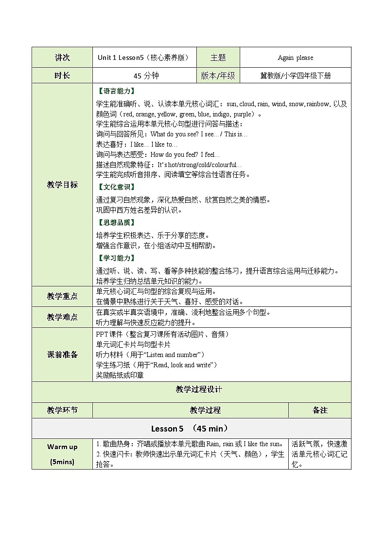 【教案】冀教版（三起）小学英语四年级下册Unit 1 Lesson 5 Again please第1页