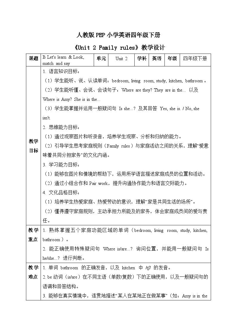 （新课标新教材）人教PEP四年级下册英语Unit 2 Family rules B Let's learn & Look, match and say教学设计第1页