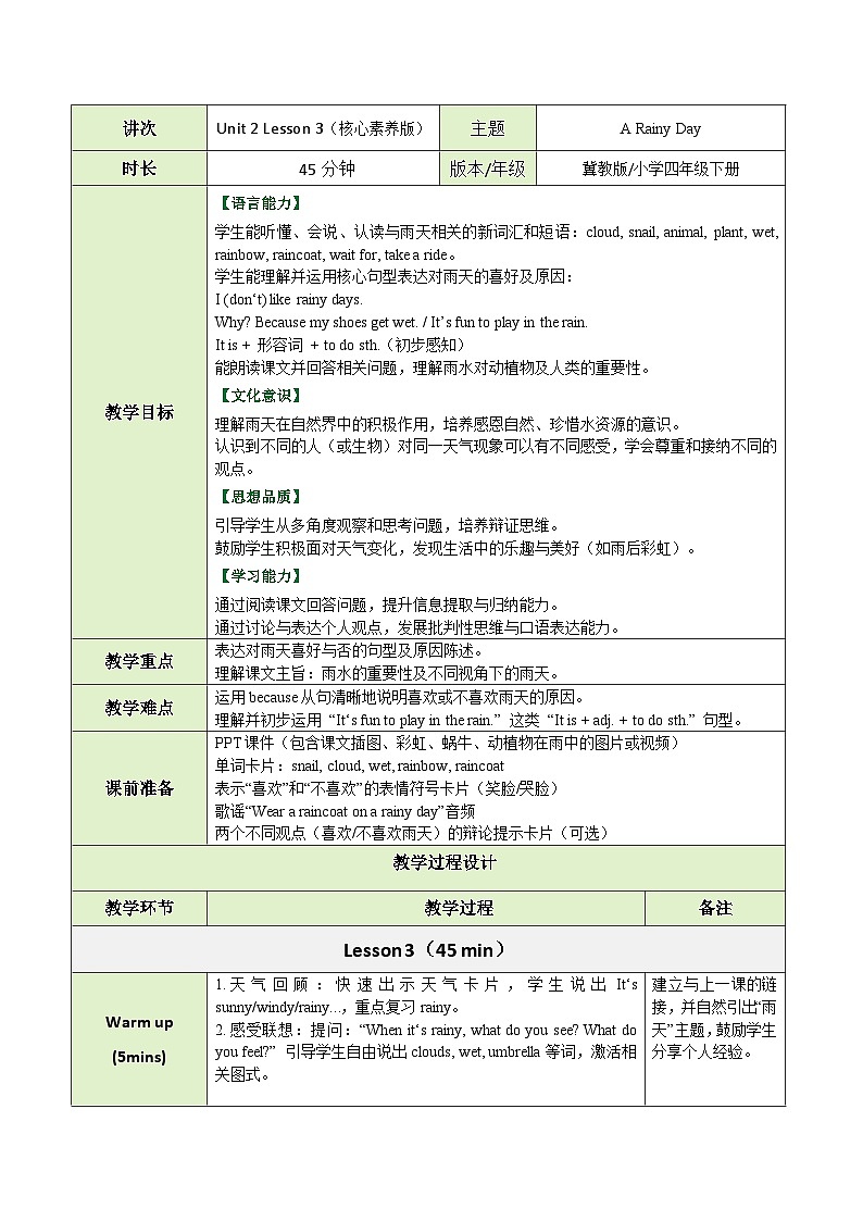 【教案】冀教版（三起）小学英语四年级下册Unit 2 Lesson 3 A Rainy Day第1页