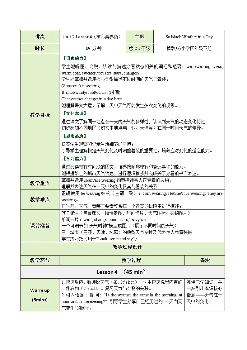 【教案】冀教版（三起）小学英语四年级下册Unit 2 Lesson 4 So Much Weather in a Day第1页