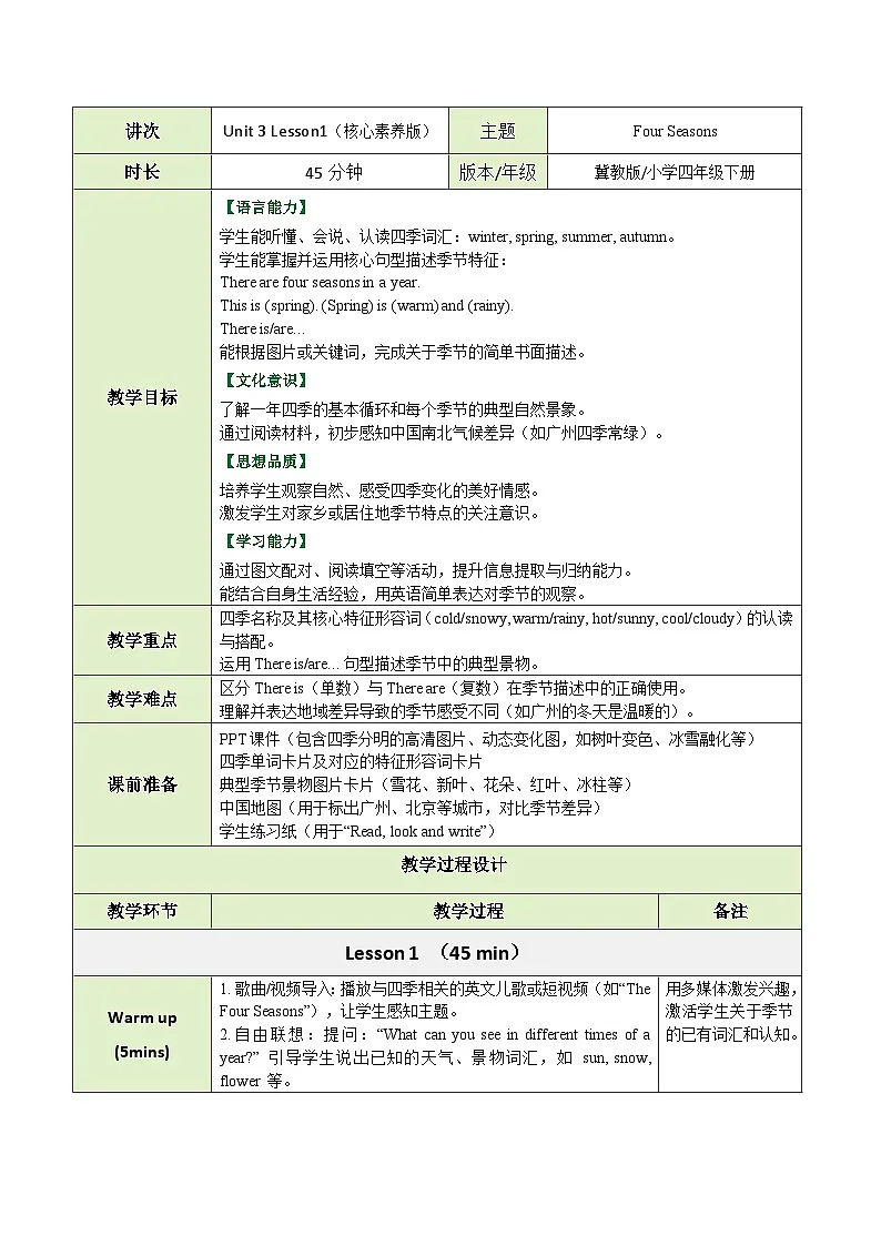 【教案】冀教版（三起）小学英语四年级下册Unit 3 Lesson 1 Four Seasons第1页