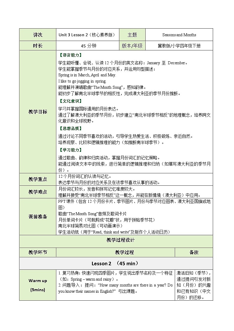 【教案】冀教版（三起）小学英语四年级下册Unit 3 Lesson 2 Seasons and Months第1页