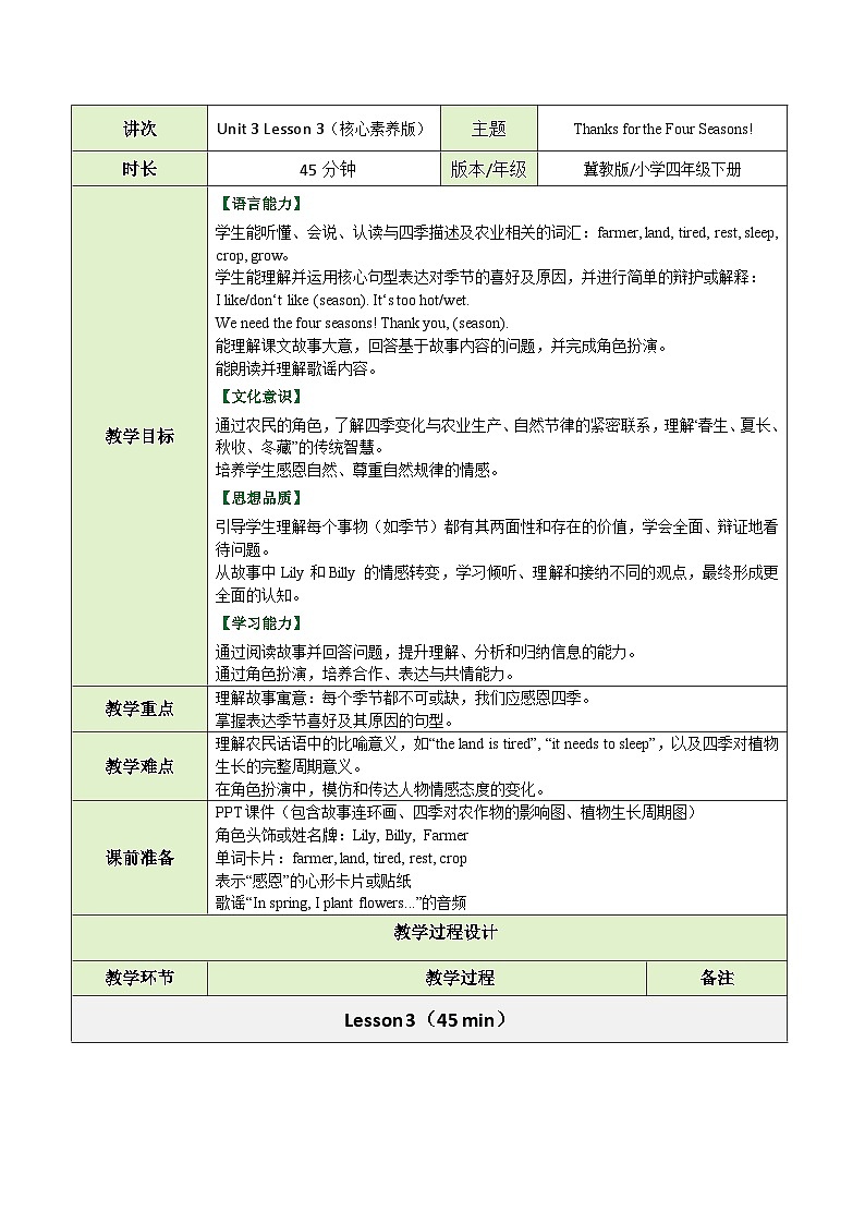 【教案】冀教版（三起）小学英语四年级下册Unit 3 Lesson 3 Thanks for the Four Seasons!第1页