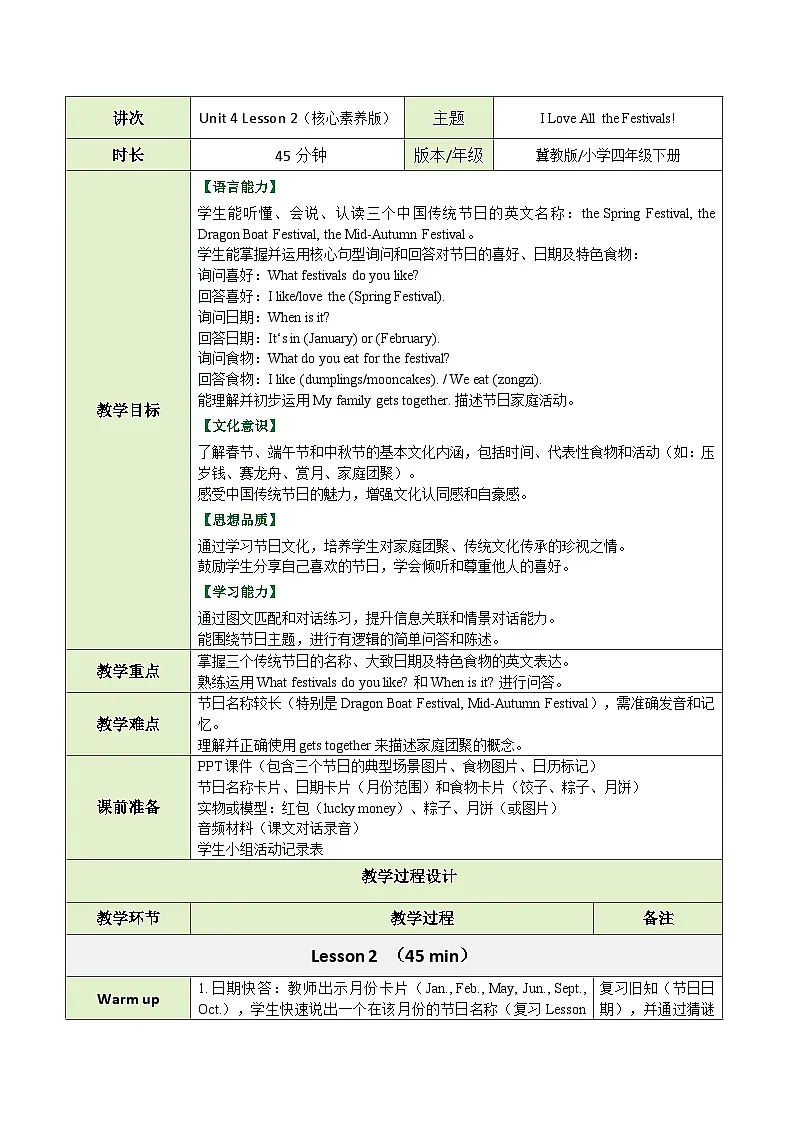 【教案】冀教版（三起）小学英语四年级下册Unit 4 Lesson 2 I Love All the Festivals!第1页