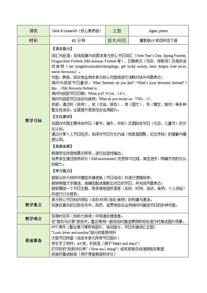 【教案】冀教版（三起）小学英语四年级下册Unit 4 Lesson 5 Again please第1页