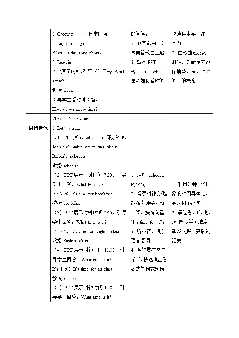 （新课标新教材）人教PEP四年级下册英语Unit 3 Time for school A Let's learn & Listen and do教学设计第2页