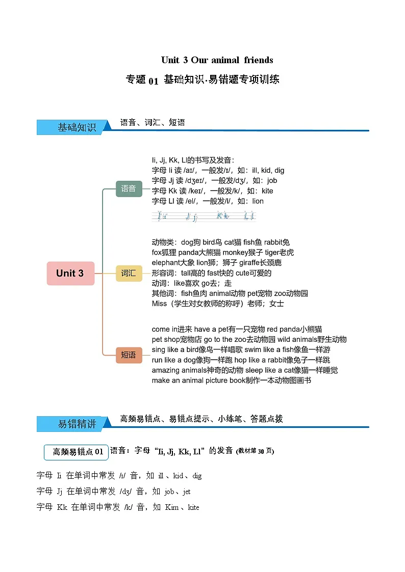 Unit 3 Our animal friends 期末复习（易错题专项训练·基础知识）英语人教PEP版三年级上册（新教材）（含答案与解析）第1页