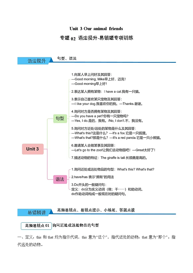 Unit 3 Our animal friends 期末复习（易错题专项训练·语法提升）英语人教PEP版三年级上册（新教材）（含答案与解析）第1页