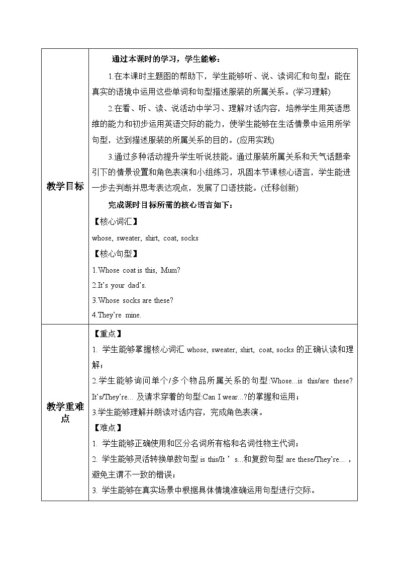 人教PEP2024版小学英语四上Unit6 第1课时 A talk表格式教学设计第2页