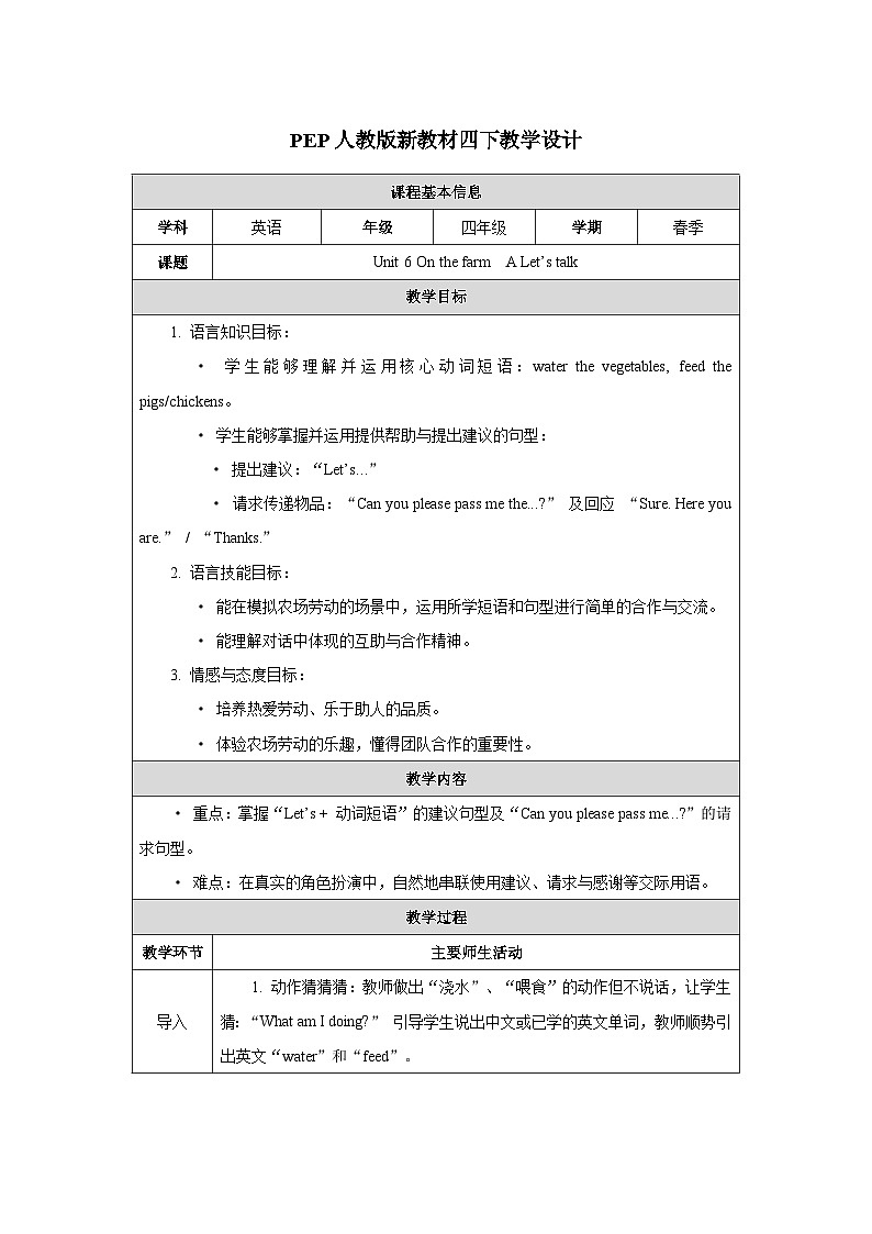 2026年人教版四年级英语下册 Unit 6 On the farm单元整体教学设计(表格式)第1页