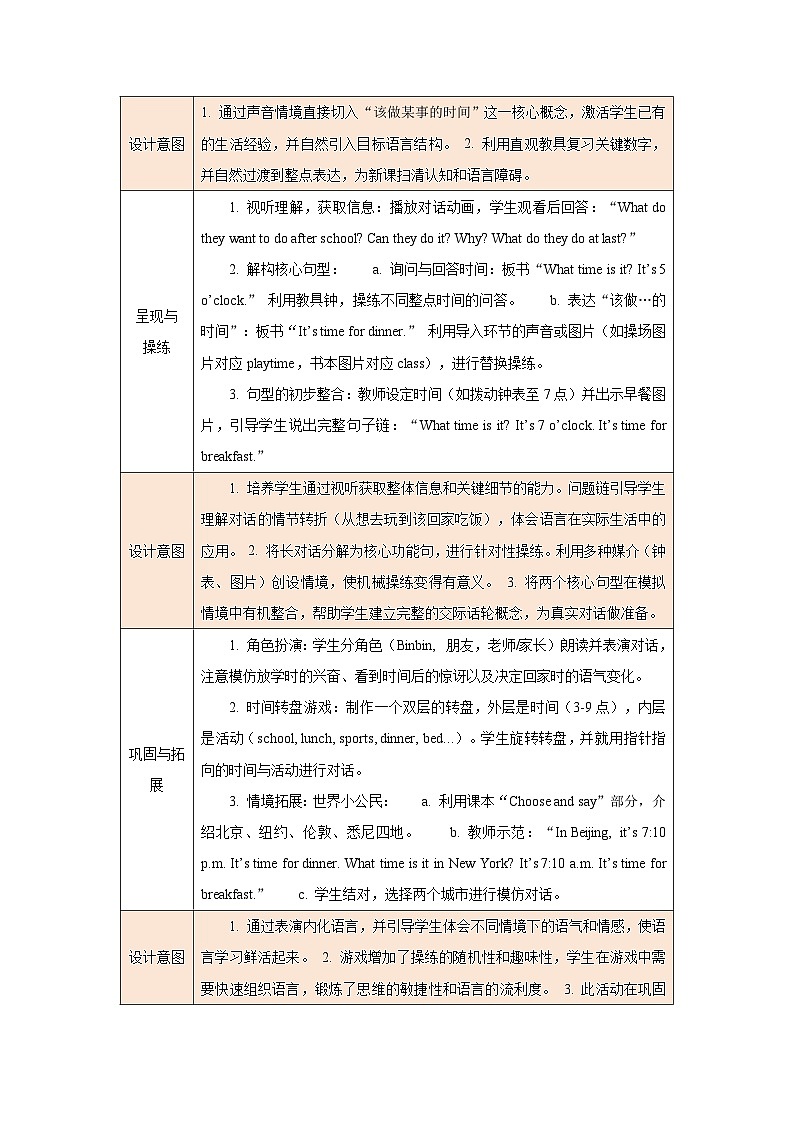 2026年人教版四年级英语下册 Unit 3 Time for school单元整体教学设计(表格式)第2页