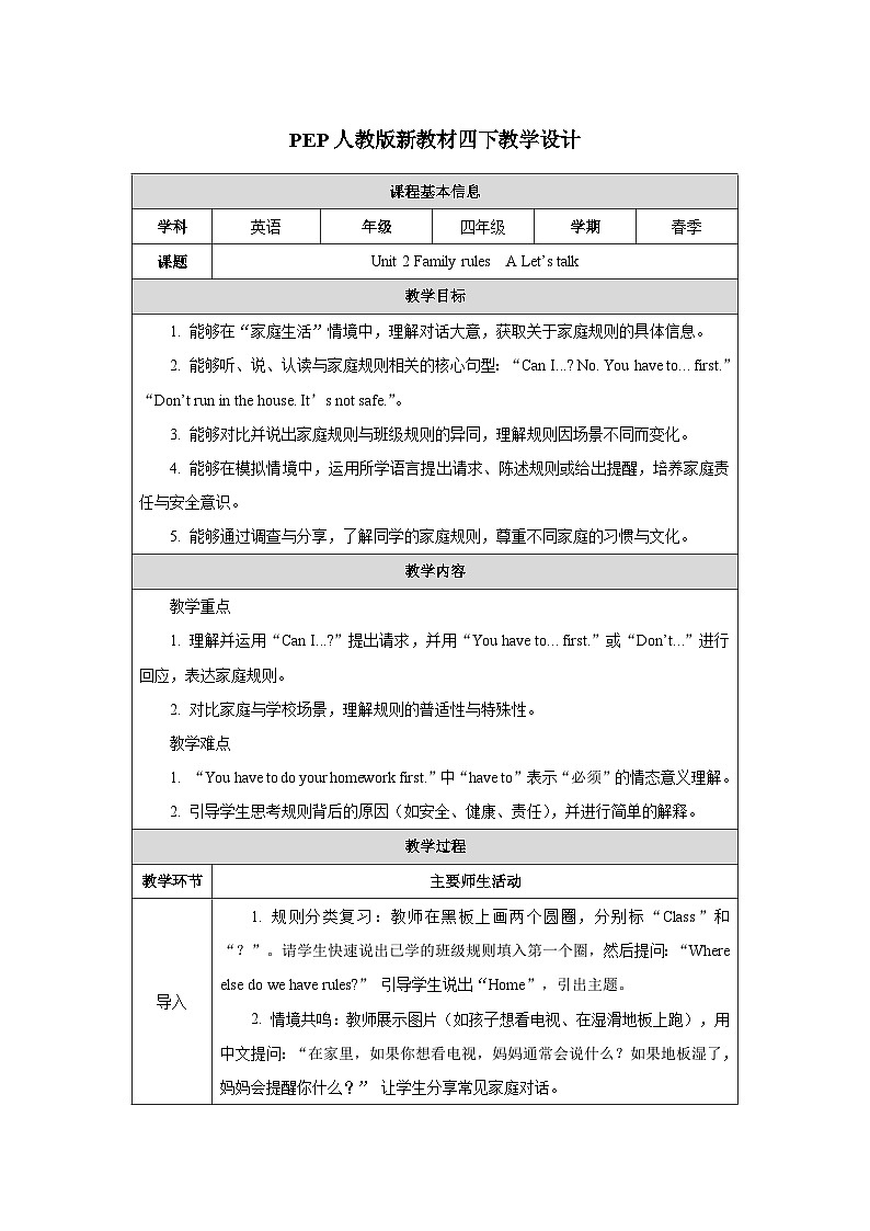 2026年人教版四年级英语下册 Unit 2 Family rules 单元整体教学设计(表格式)第1页