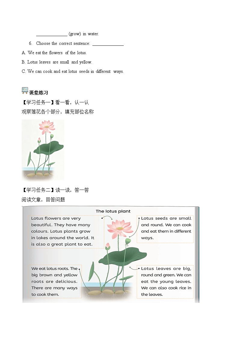 人教PEP2024版小学英语五上Unit5 第6课时B Read and write and C学习任务单 含答案第2页