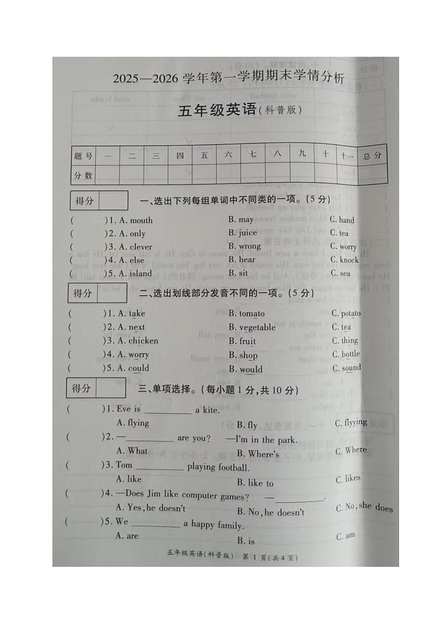 河南开封市通许县2025-2026学年第一学期期末学情分析五年级英语试卷第1页