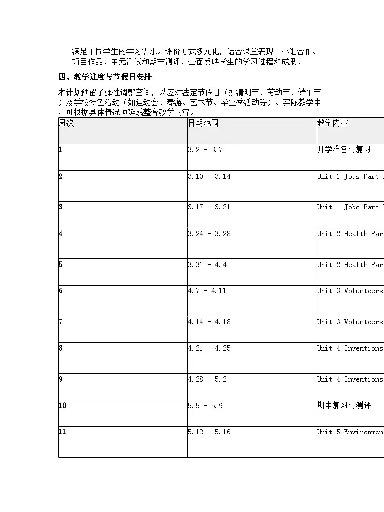 闽教版2024小学英语五年级下册教学计划 1第2页
