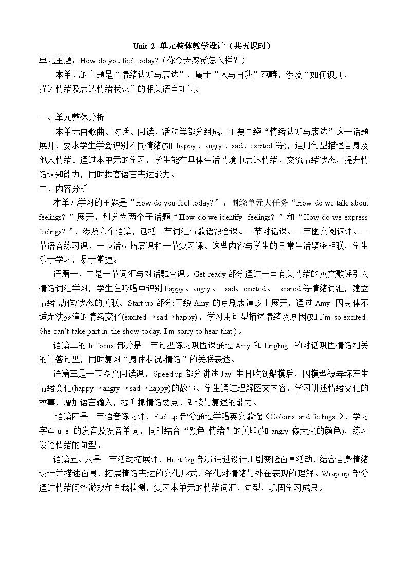 外研版（三起）2024四年级英语下册 Unit 2 How do you feel today（表格式教案）第1页