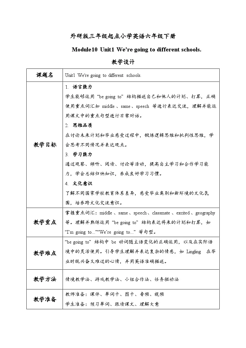 外研版三起六年级英语下册Module10 Unit1 We're going to different schools.(教学设计)第1页