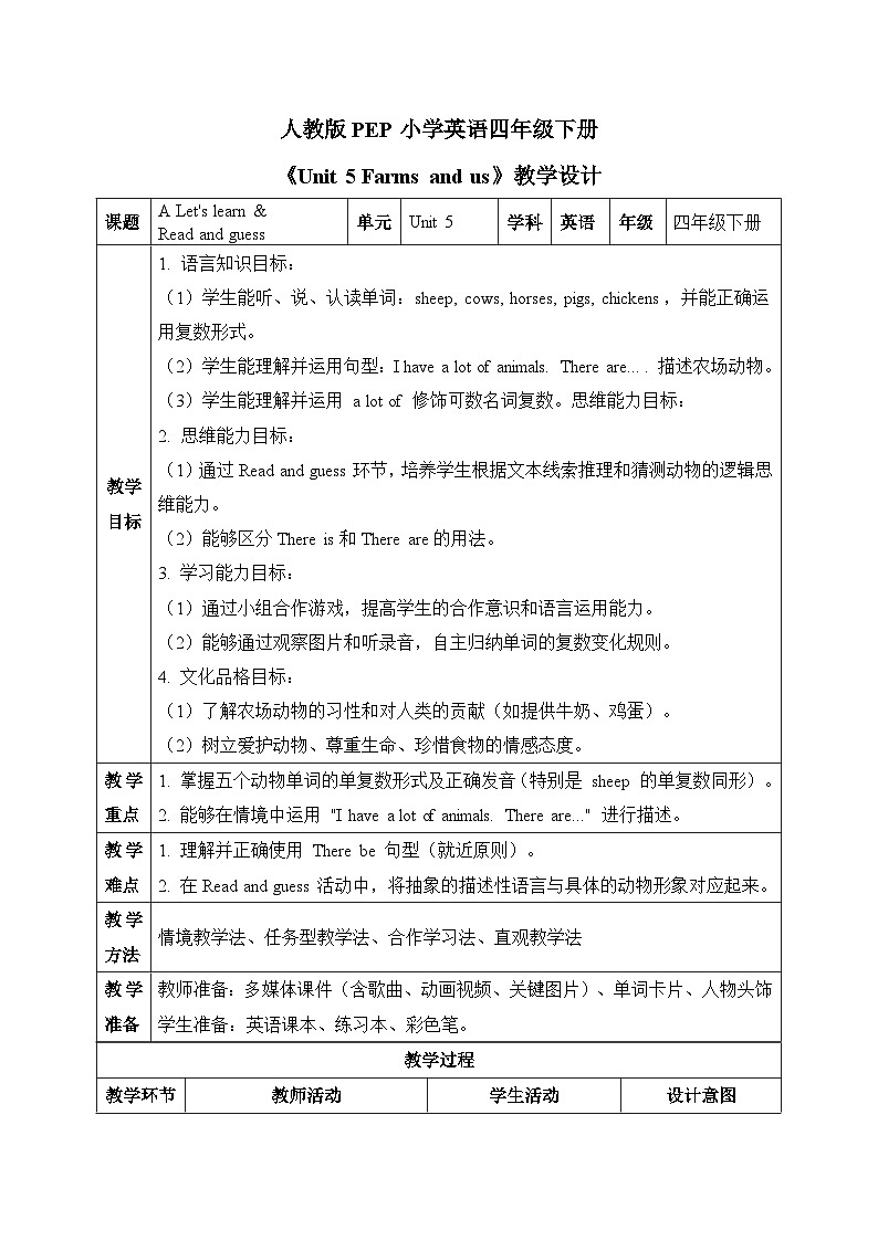 （新课标新教材）人教PEP四年级下册英语Unit 5 Farms and us A Let's learn & Read and guess教学设计第1页