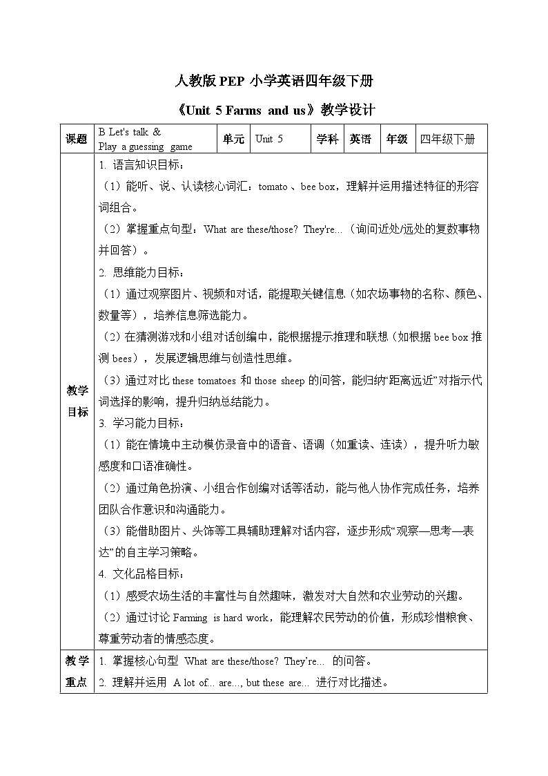 （新课标新教材）人教PEP四年级下册英语Unit 5 Farms and us B Let's talk & Play a guessing game教学设计第1页