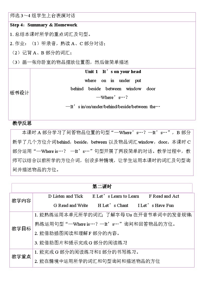 Unit 1 It’s on your head 教学设计（表格式) 湘少版英语四年级下册第3页