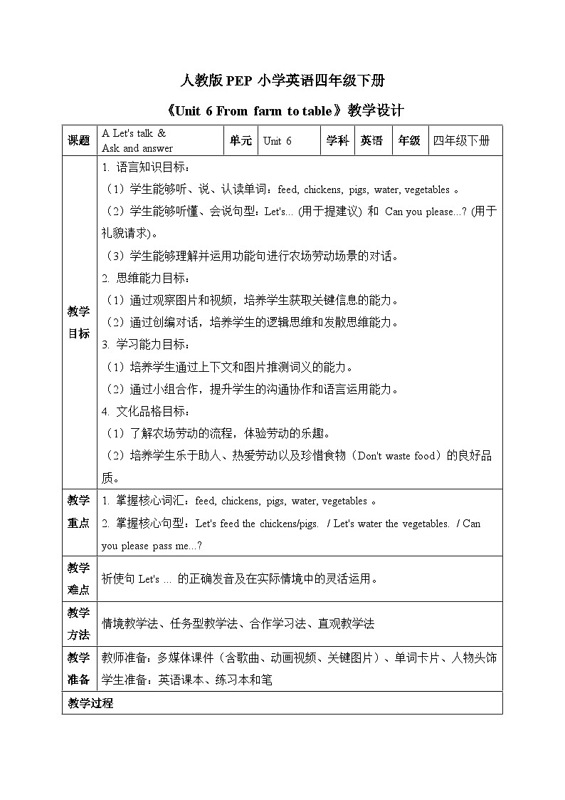 （新课标新教材）人教PEP四年级下册英语Unit 6 From farm to table A Let's talk & Ask and answer教学设计第1页