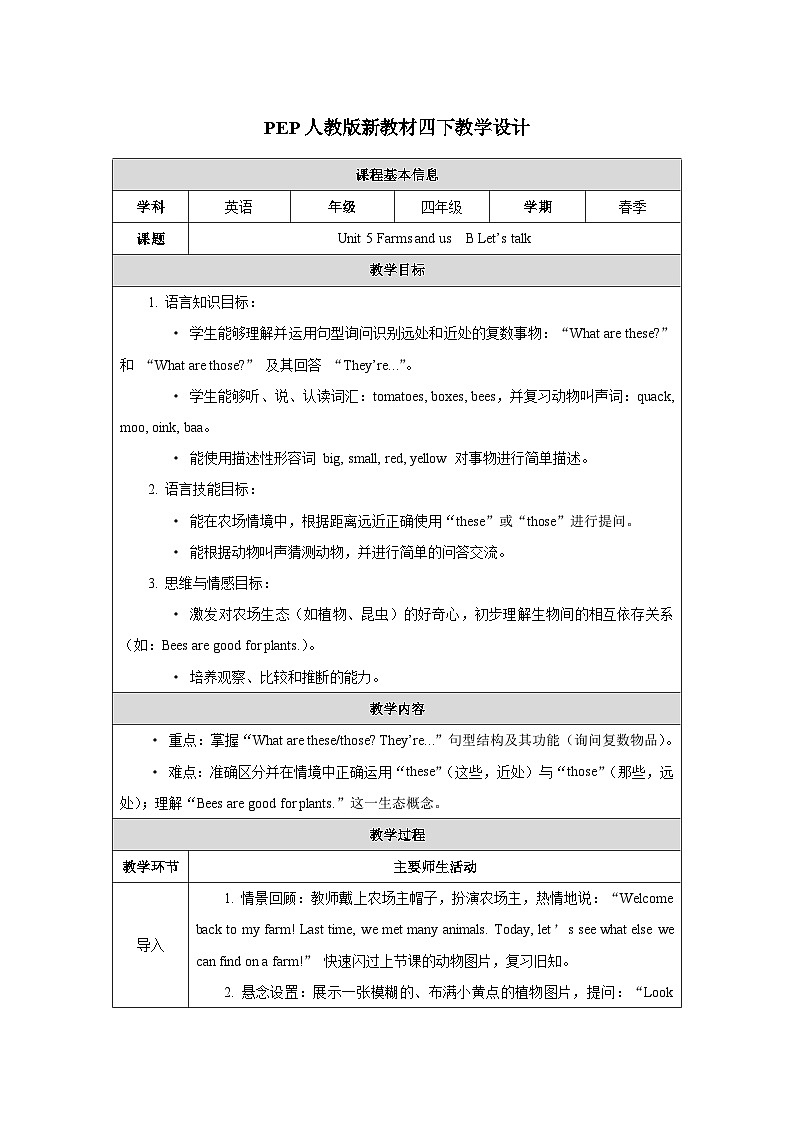 人教PEP2024版一起点小学英语四下Unit5Farms and us B Let’s talk表格式教学设计第1页