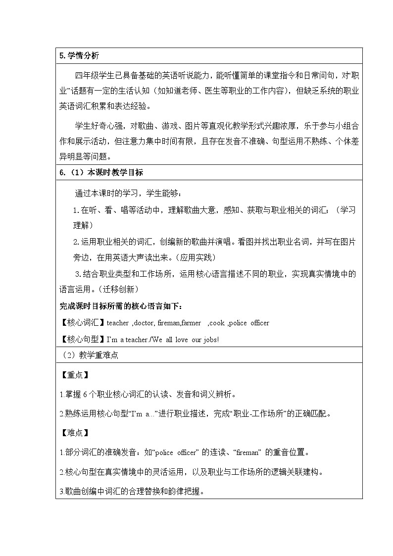 2026年春季外研版四年级下册英语Unit 1 People at work 教案【表格式】（单元整体教学设计）第3页