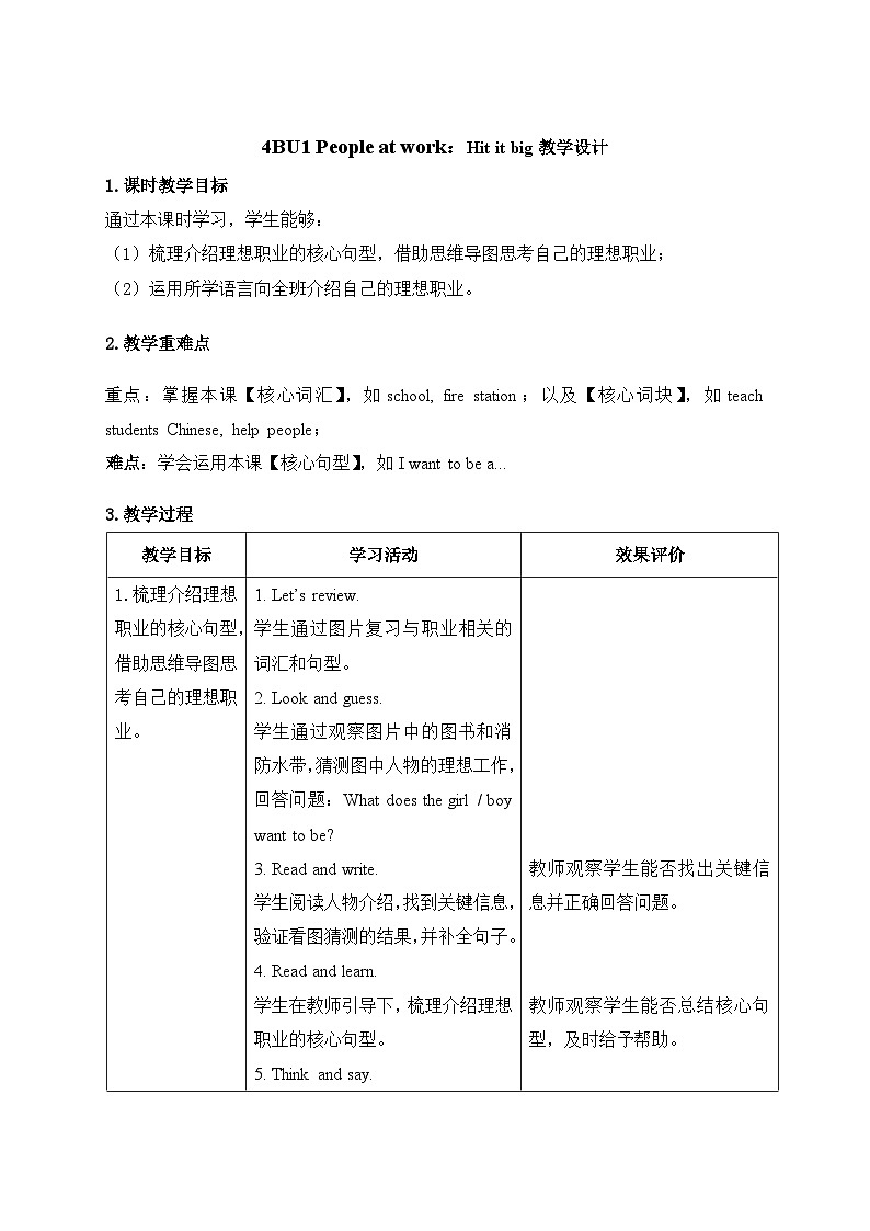 Unit 1：Hit it big 教学设计表格式-2025-2026学年四年级下册《英语》（新标准）修订版（外研社版）第1页