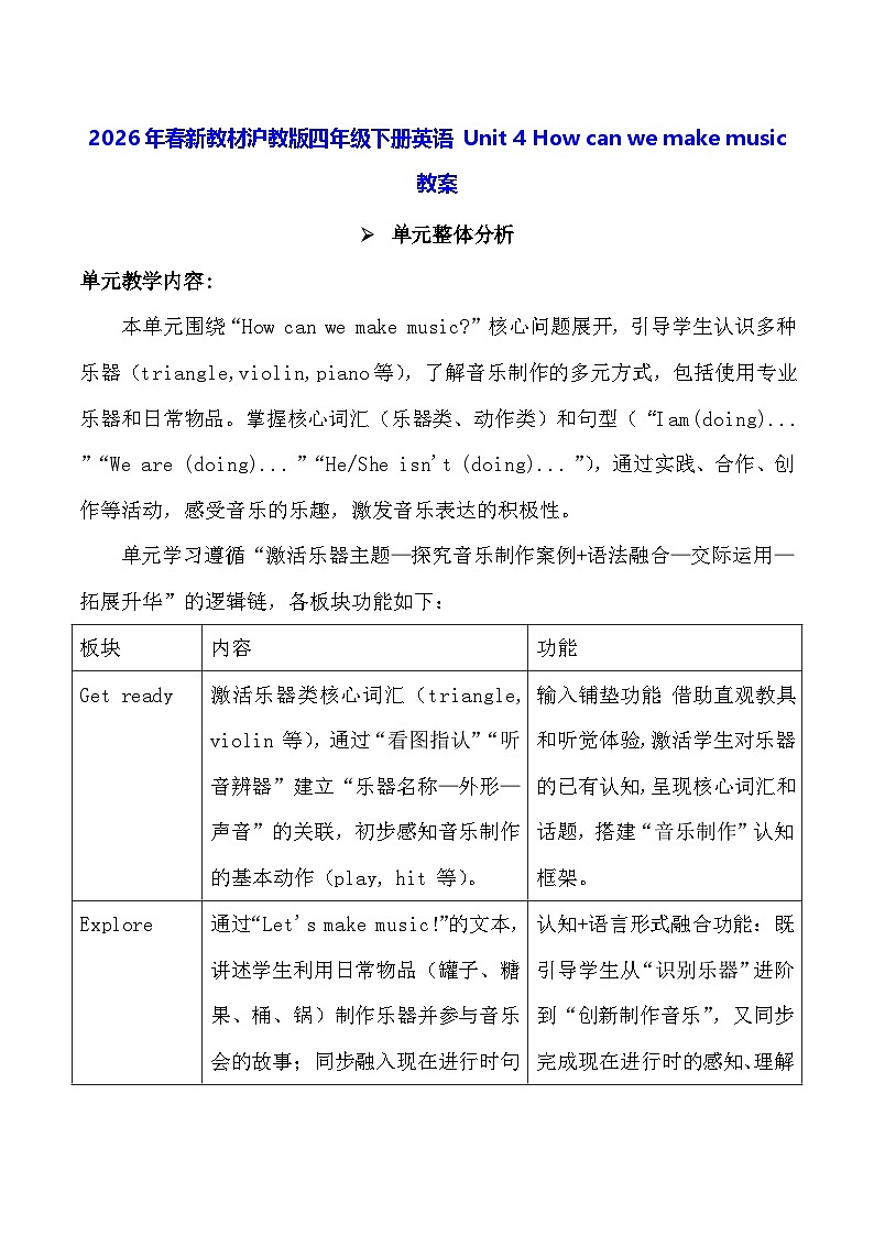 2026年春新教材沪教牛津版(六三制一起)(2024)）四年级下册英语Unit 4 How can we make music教案第1页