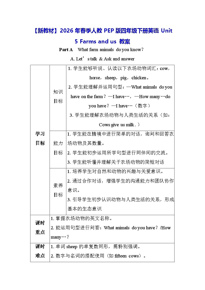 【新教材】2026年春季人教PEP版四年级下册英语Unit 5 Farms and us 教案第1页