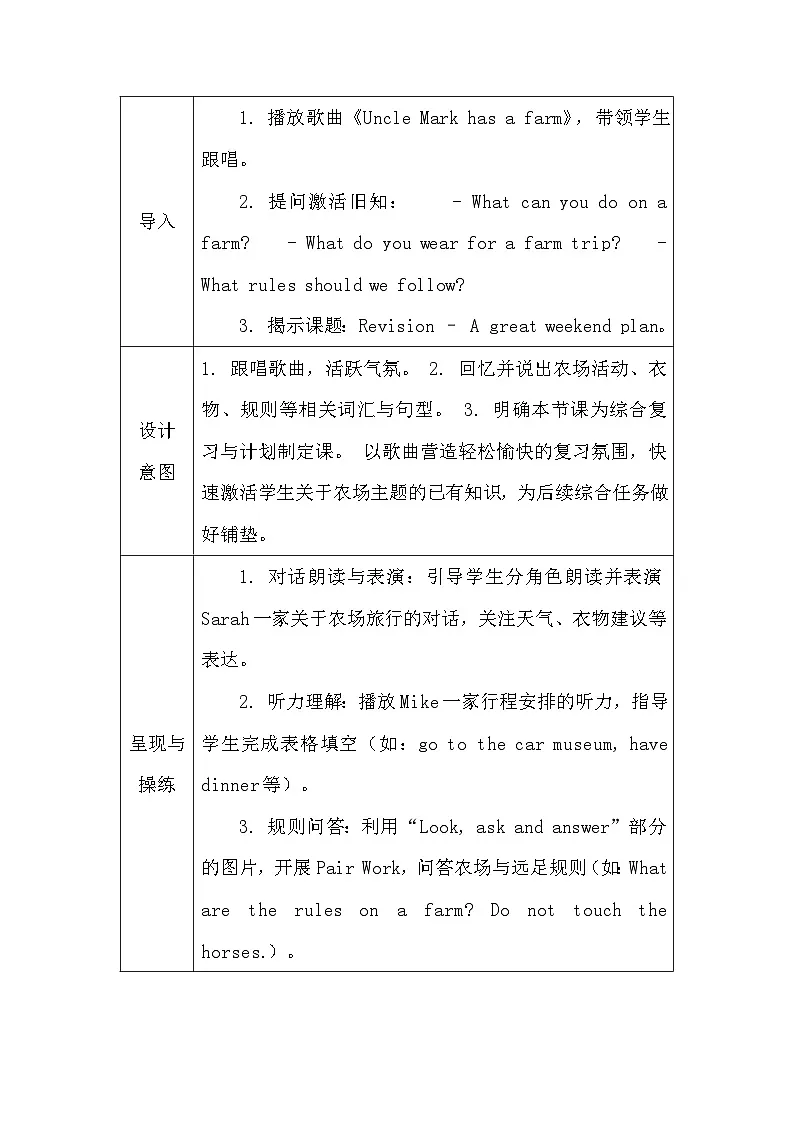【新教材】人教PEP版（2024）四年级下册英语 Revision：A great weekend plan 教案【表格式】第2页