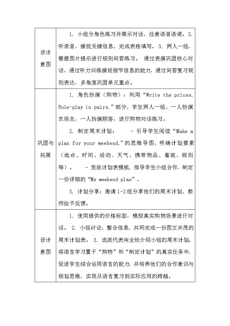 【新教材】人教PEP版（2024）四年级下册英语 Revision：A great weekend plan 教案【表格式】第3页