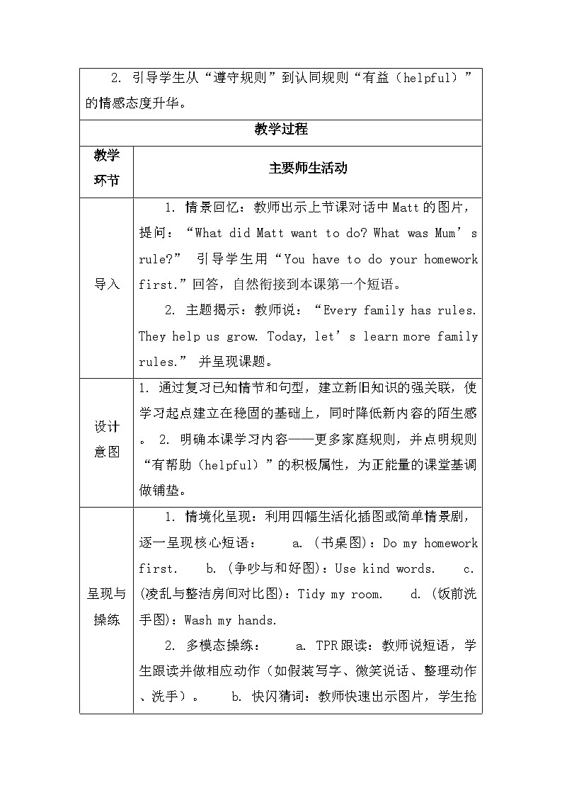 【新教材】人教PEP版（2024）四年级下册英语 Unit 2 Family rules A Let’s learn 教案【表格式】第2页