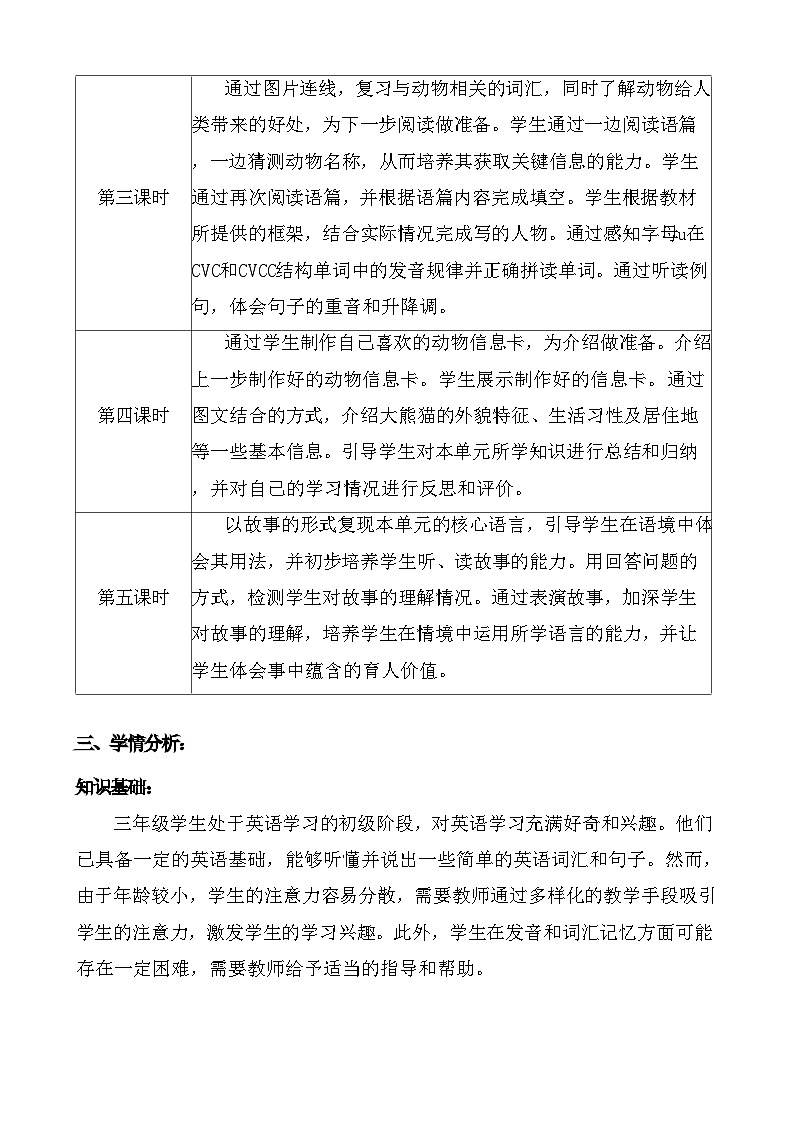 【新教材】人教精通版（2024）三年级下册英语 Unit 5 Animals 教案【表格式】第2页
